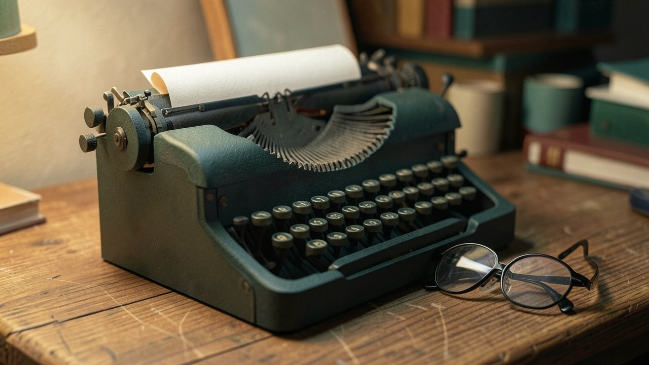 A vintage typewriter on a wooden desk, with a rolled sheet of paper and a pair of reading glasses nearby.